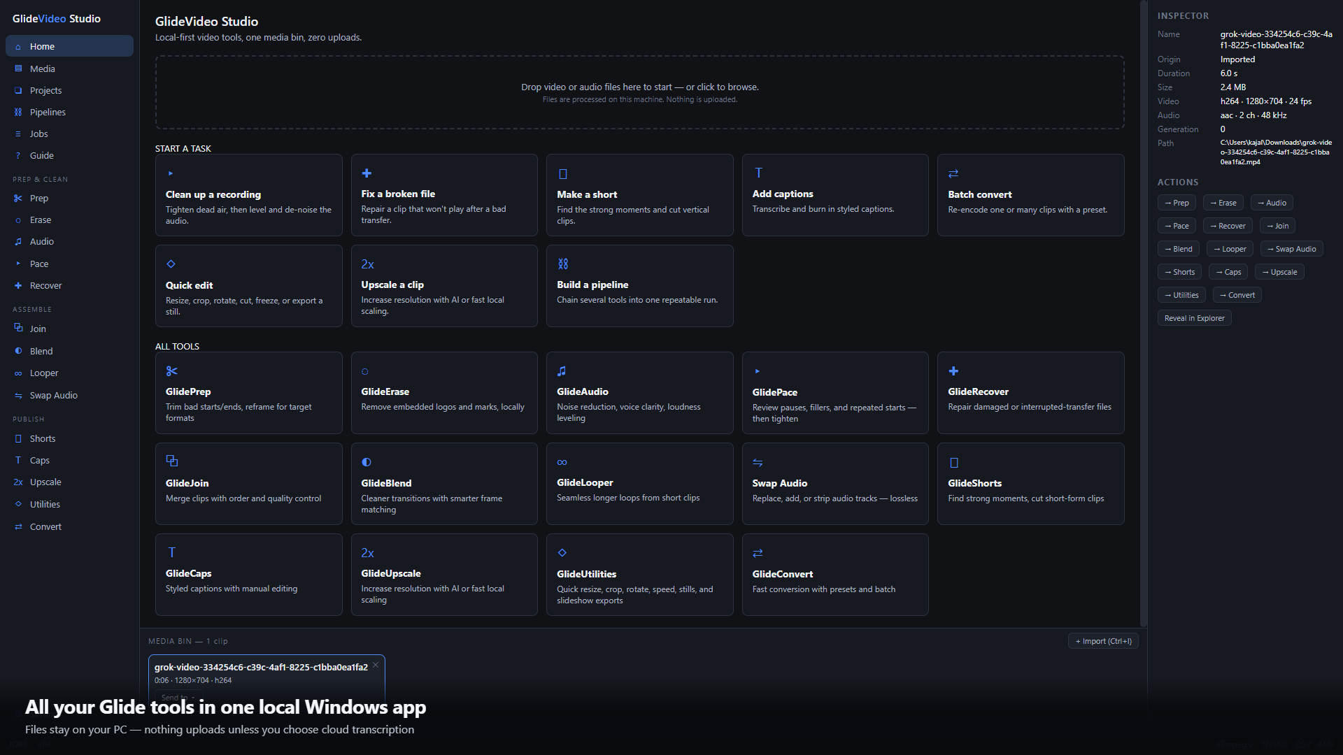 GlideVideo Studio home screen — all Glide tools in one local Windows app