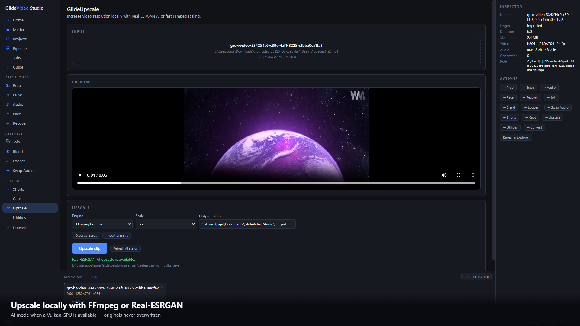 Upscale locally with FFmpeg or Real-ESRGAN